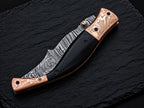 Black buffalo horn handle and brass thumb stud detail