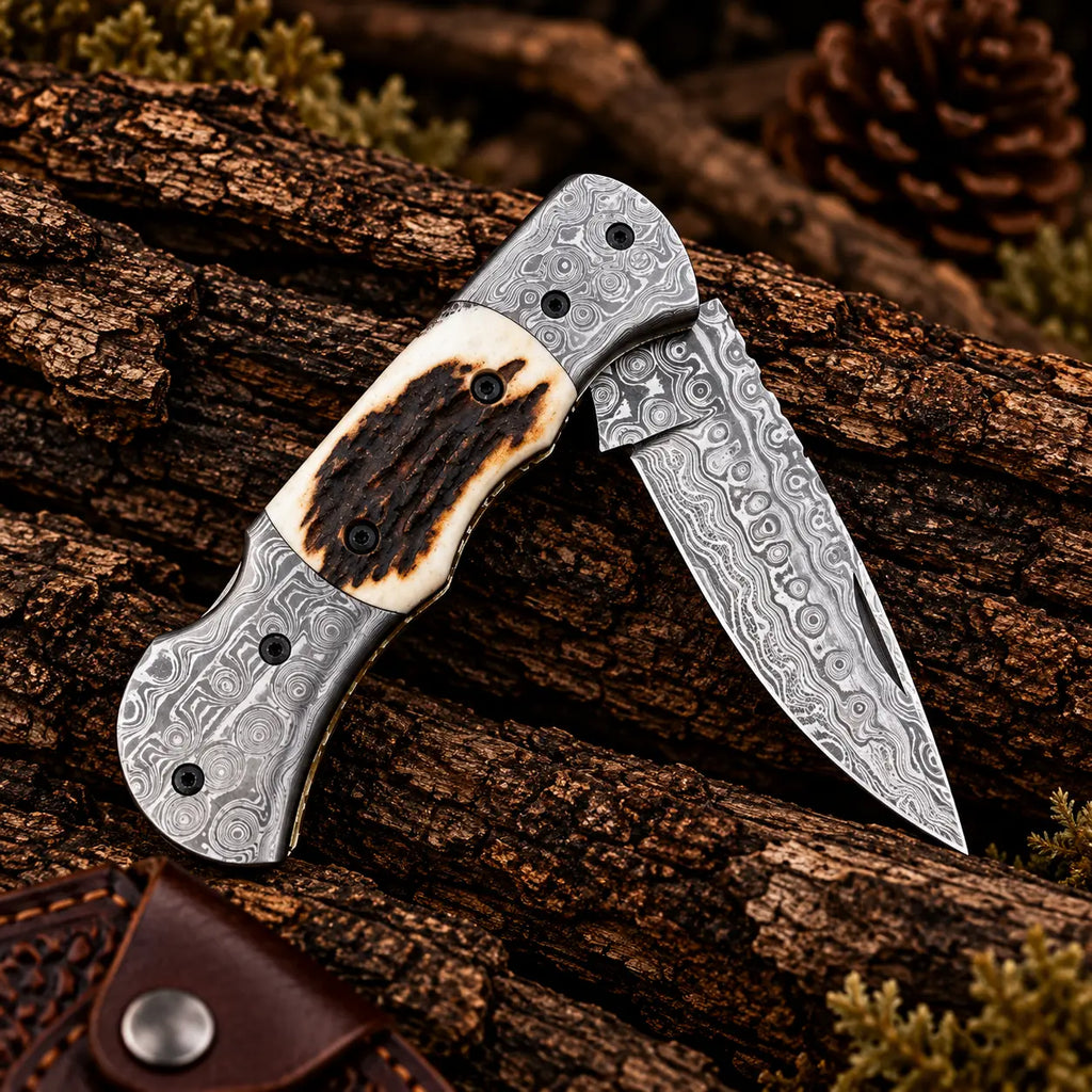 Raindrop Damascus blade pattern close-up on folding knife