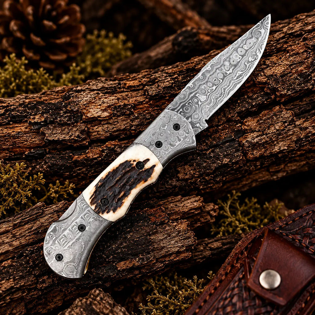 Damascus folding knife closed - side view