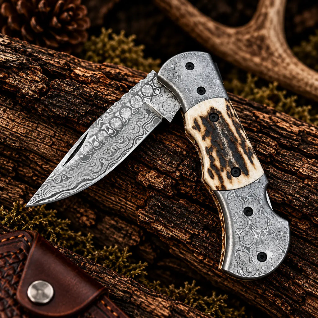 Damascus folding knife with genuine leather sheath
