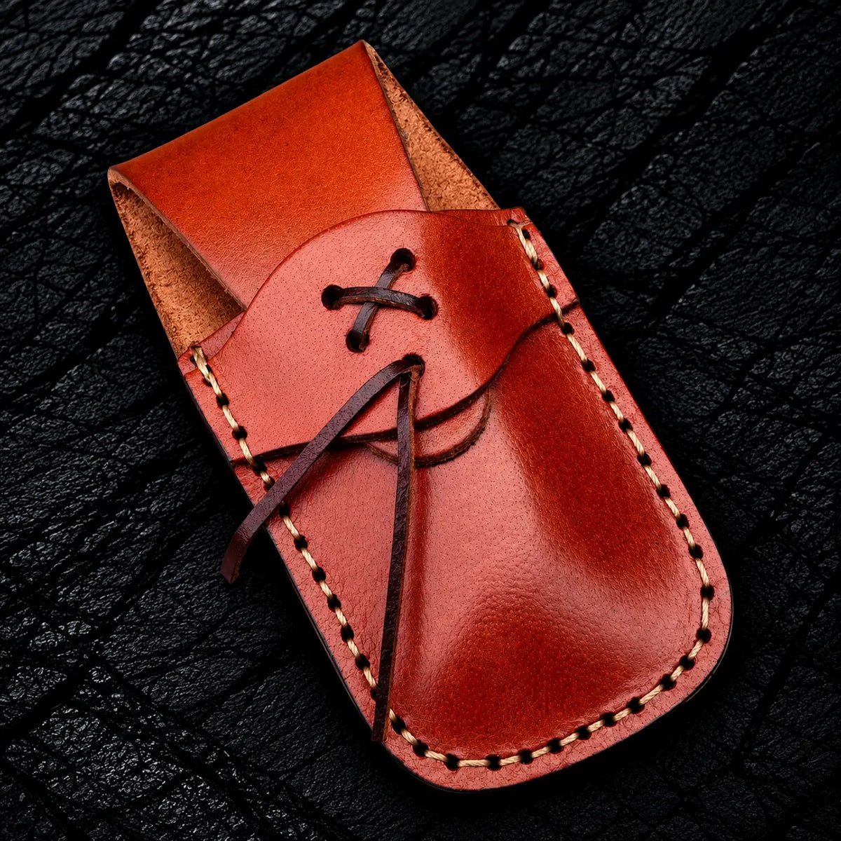 Handmade Italian leather pouch with contrast stitching for Damascus folding knife