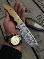 Black leather sheath with hair-on cowhide inlay for Damascus cowboy knife