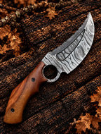 Twist pattern Damascus finger hole knife with blood groove and saw tooth edge - angle 2