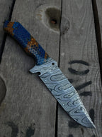 Honeycomb pattern blue and brown resin handle with screws detail