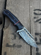 Genuine leather sheath with textured tooling and blue stitching for Damascus skinner knife
