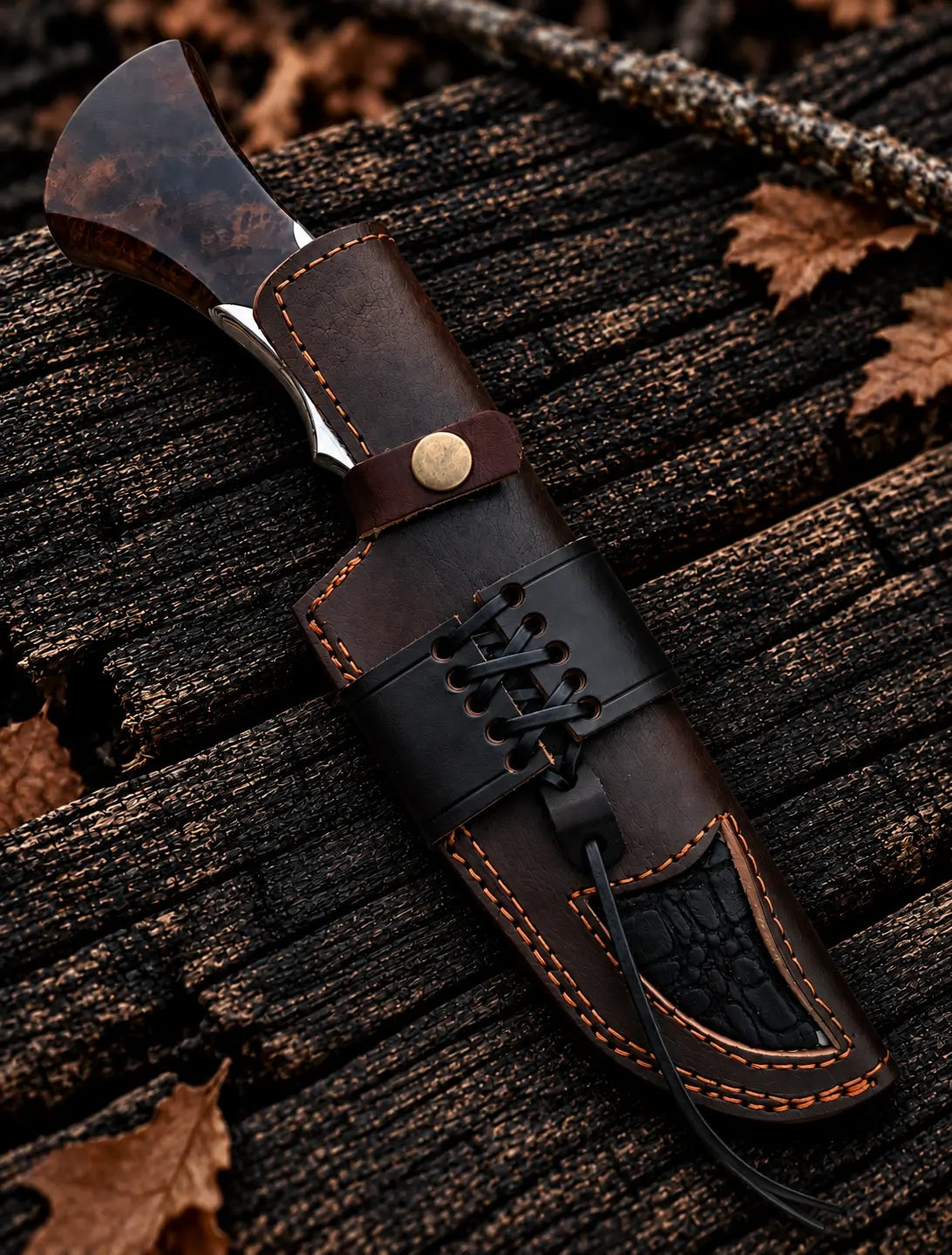 Damascus hunting knife with leather sheath - full length view