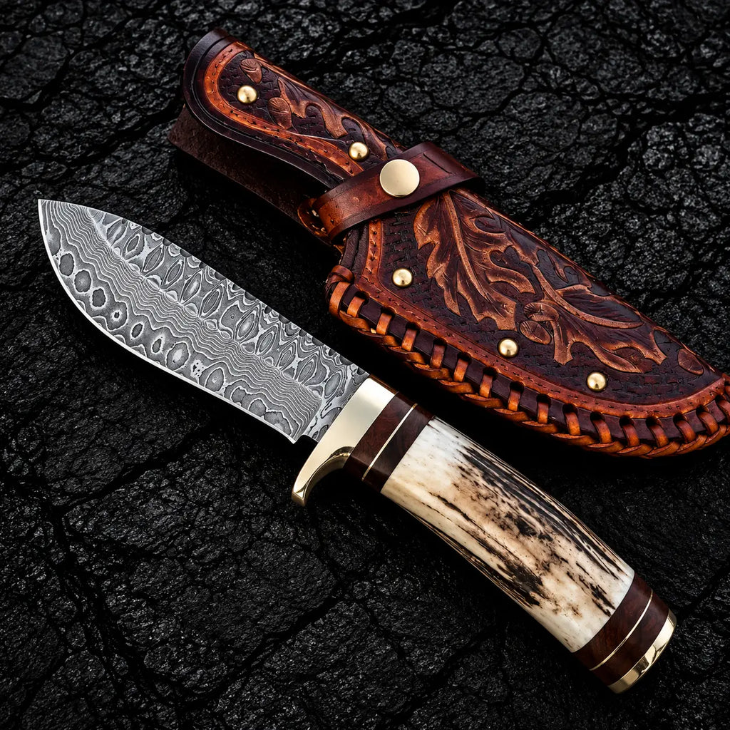 Handmade Damascus hunting knife with stag handle and Italian leather sheath - full view