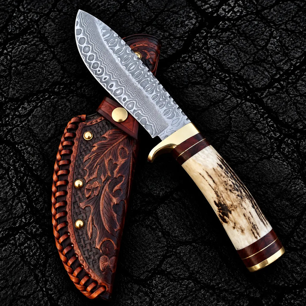Hand-tooled Italian leather sheath with floral design for Damascus hunting knife