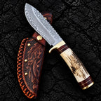 Hand-tooled Italian leather sheath with floral design for Damascus hunting knife