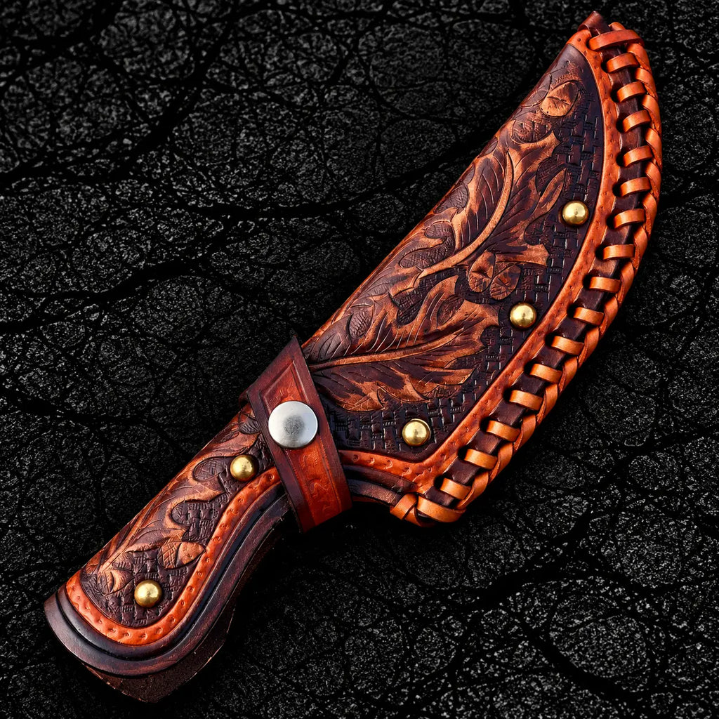 Braided leather edge and brass snap closure detail on Italian leather sheath