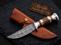 Handmade Damascus hunting knife with stag handle and silver guard - full view