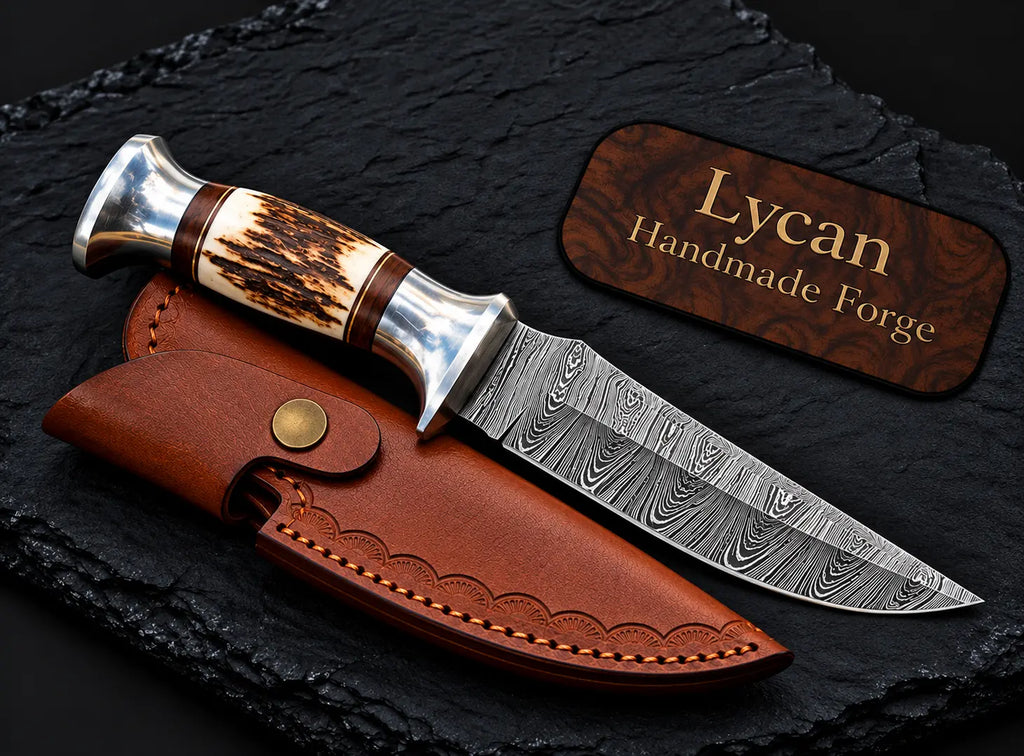 Damascus steel blade pattern close-up on hunting knife