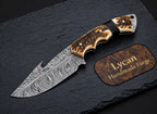 Handmade Damascus skinner knife with gut hook blade and stag handle - full view