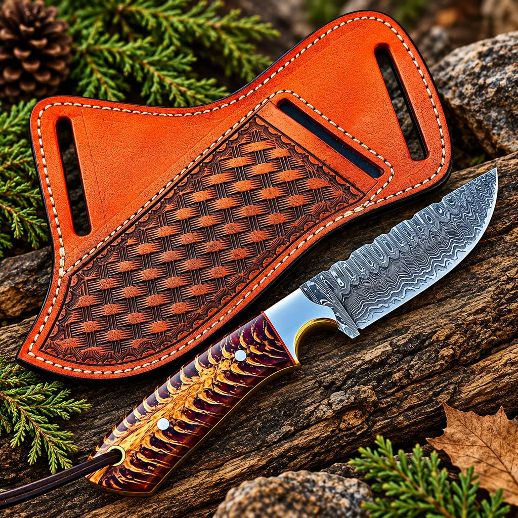 Handmade Damascus steel skinner knife with purple and gold handle and tooled leather sheath