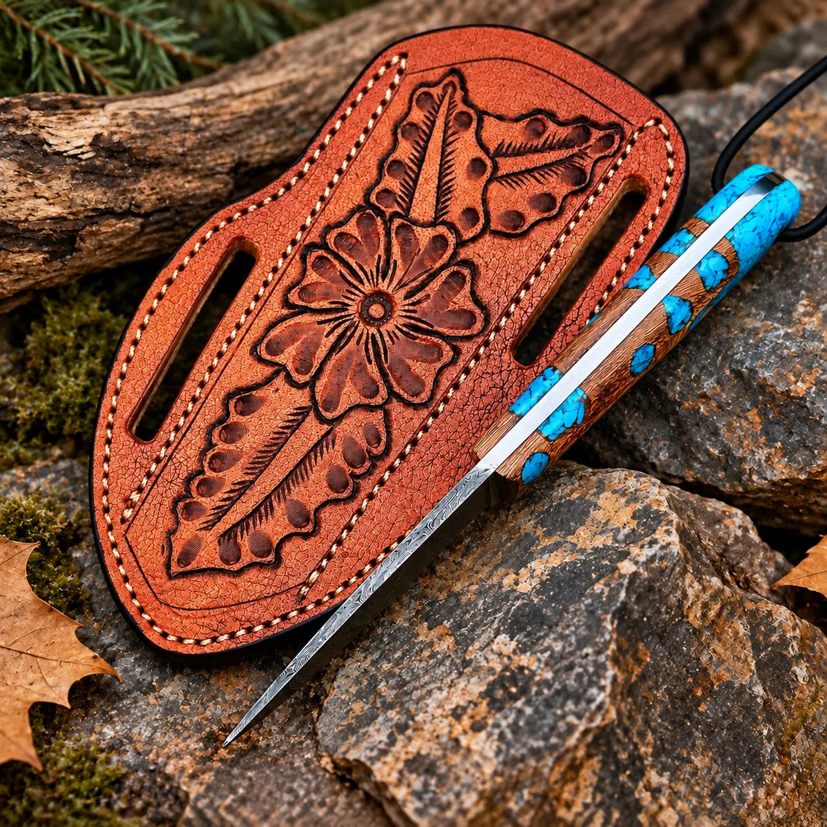 Hand-tooled floral leather sheath for Damascus skinner knife