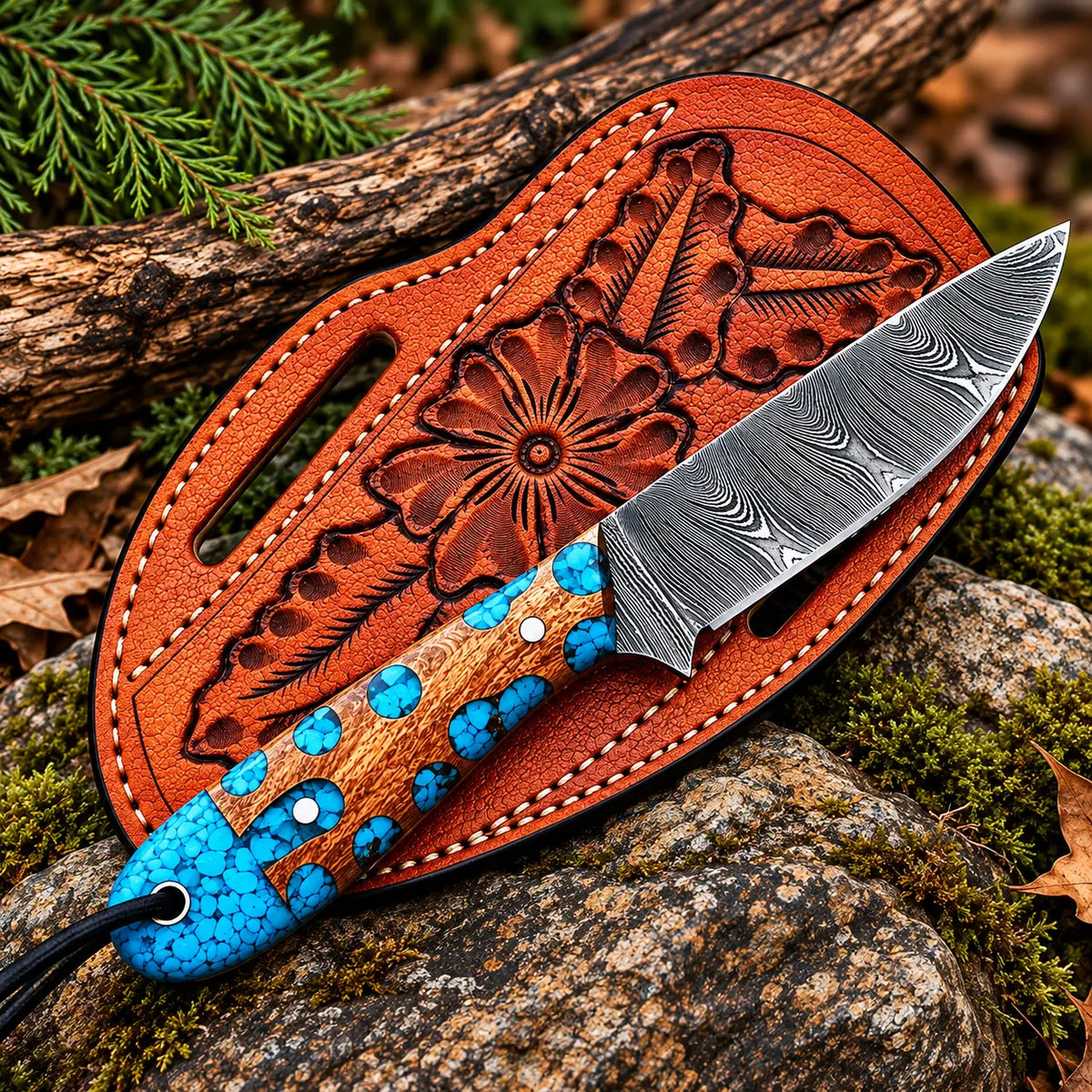 Damascus steel blade pattern close-up on turquoise inlay skinner knife