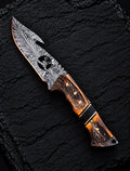 Handmade full tang Damascus skinner knife with wire-cut deer design and stag horn handle - full view