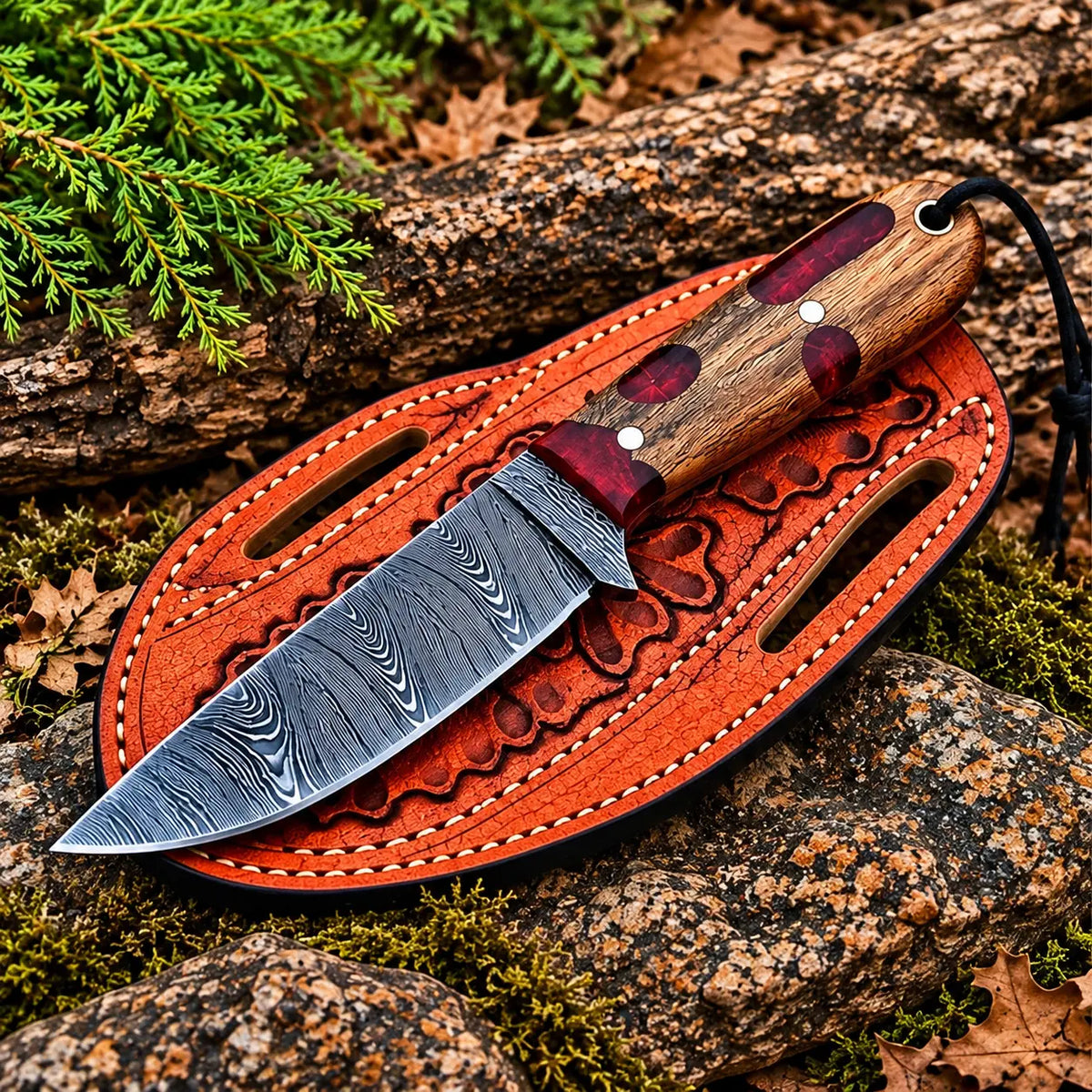 Wood handle with red resin and turquoise stone inlay detail