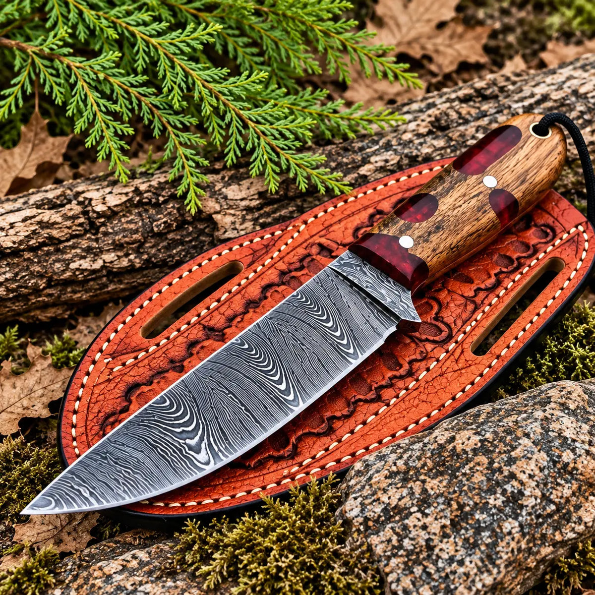 Damascus steel blade pattern close-up on skinner knife