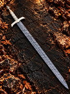 Damascus skull sword with bone grip and leather scabbard - angle 2