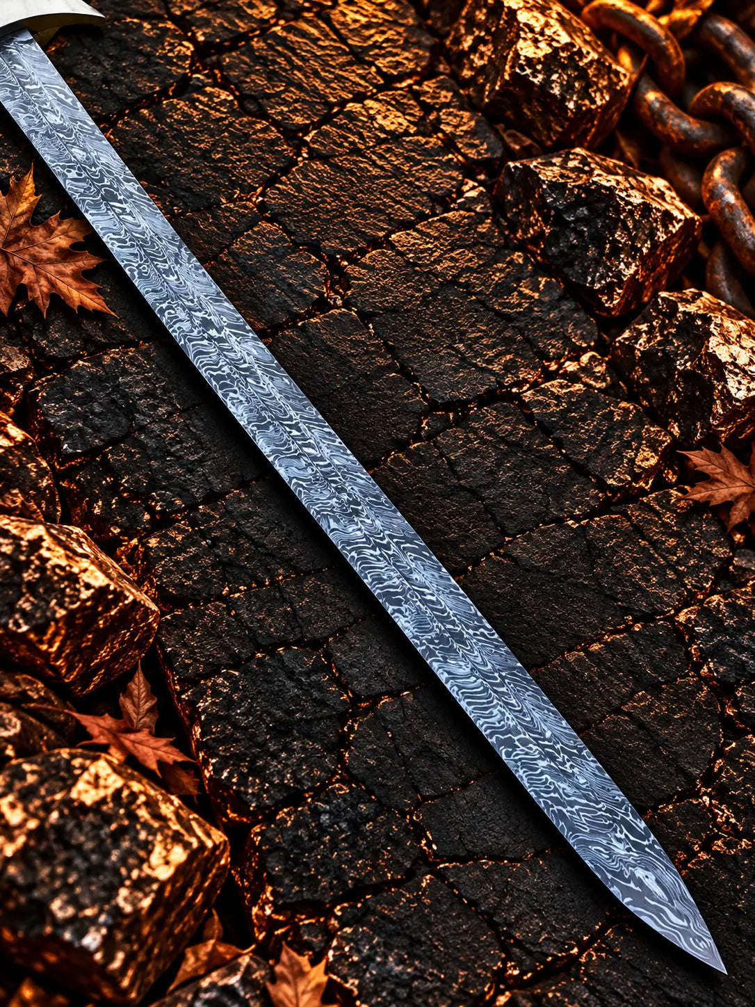Damascus skull sword with bone grip and leather scabbard - angle 5
