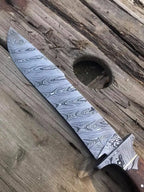Handmade Damascus steel bowie knife with wood handle and brass pins - full view
