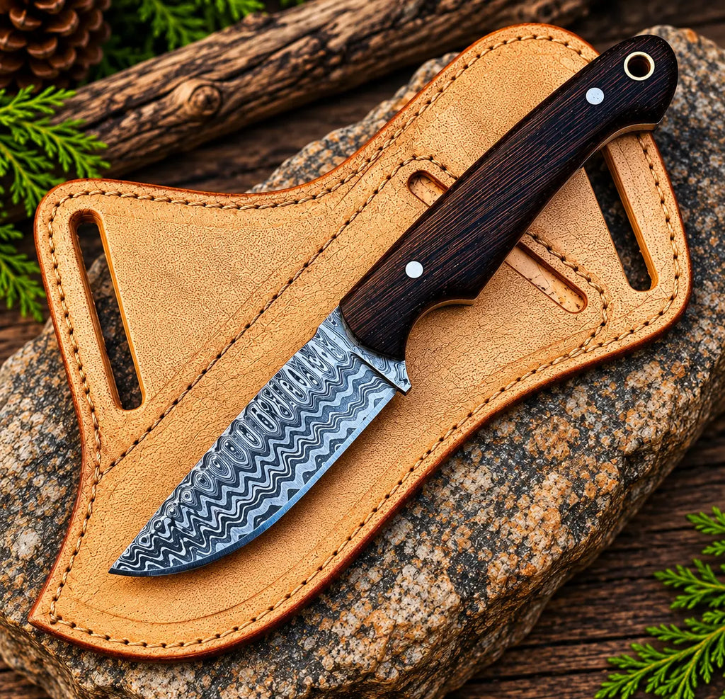 Handmade Damascus steel cowboy knife with full tang wood handle and leather sheath - full view