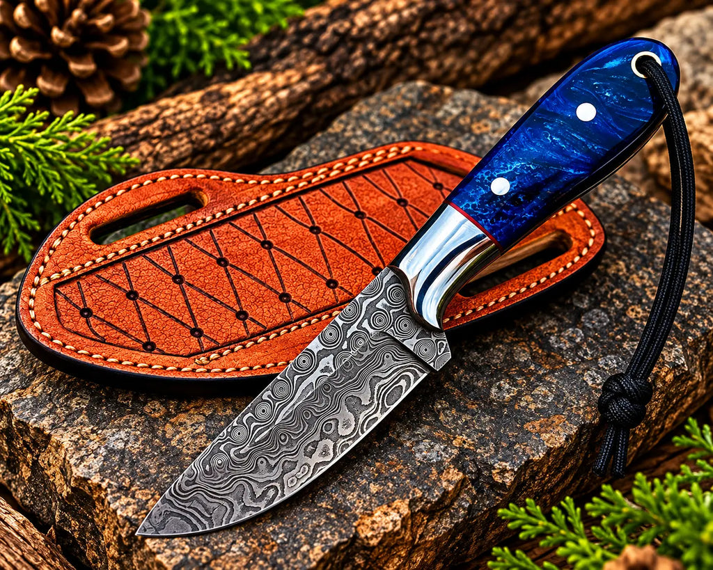 Orange leather sheath with diamond stitching for Damascus skinner knife