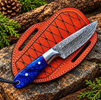 Blue resin handle skinner knife with leather sheath - full length view