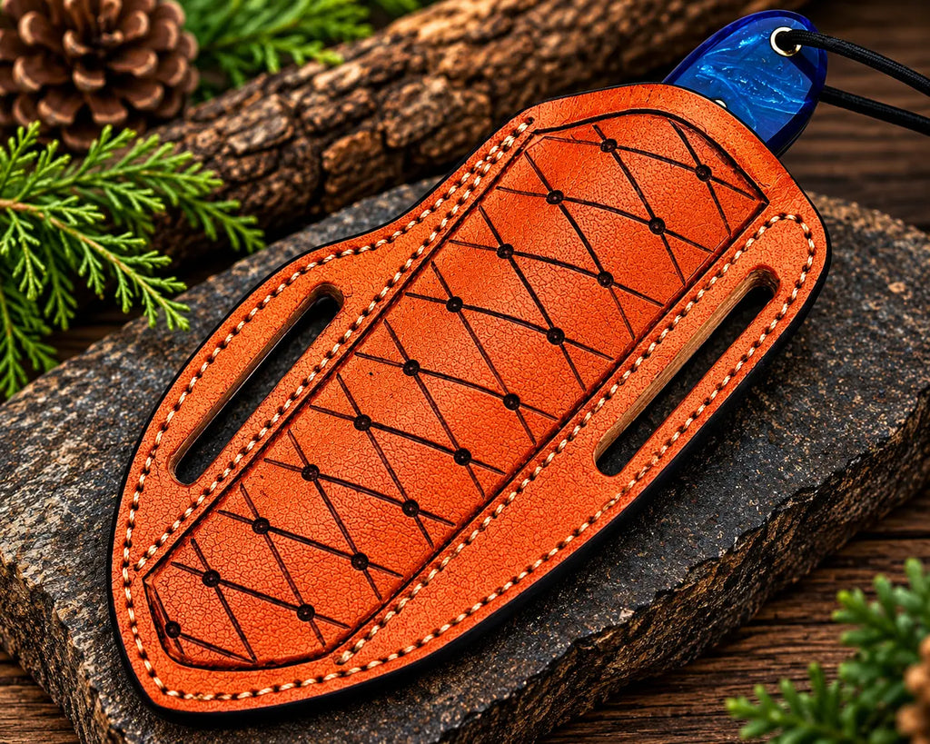 Raindrop Damascus blade pattern detail on skinner knife