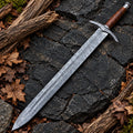 Handmade Damascus steel sword with Damascus guard, pommel and wooden handle - full view
