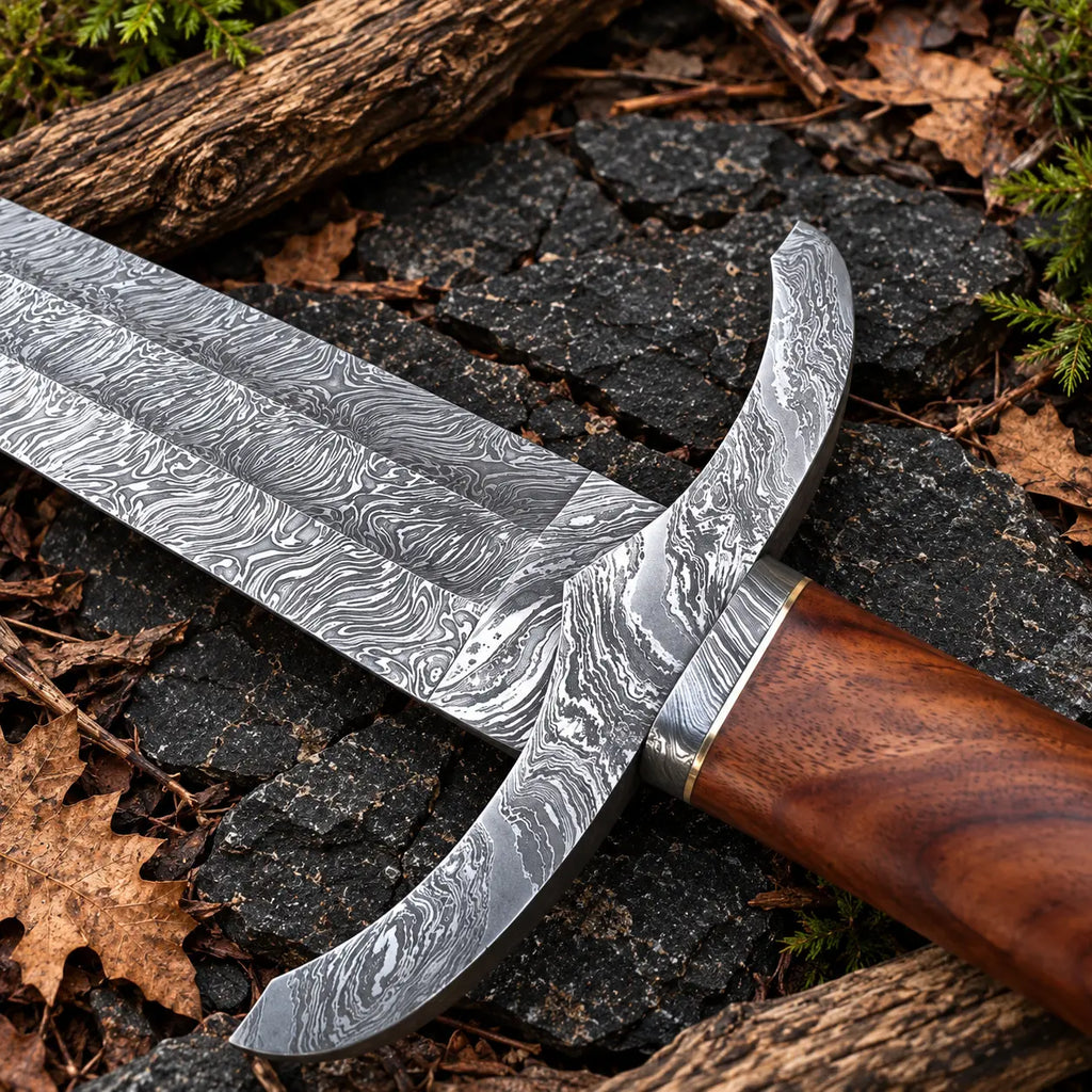 Damascus steel sword blade with fuller and flowing Damascus pattern close-up