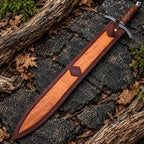 Damascus crossguard, round pommel and wooden handle detail on Damascus sword