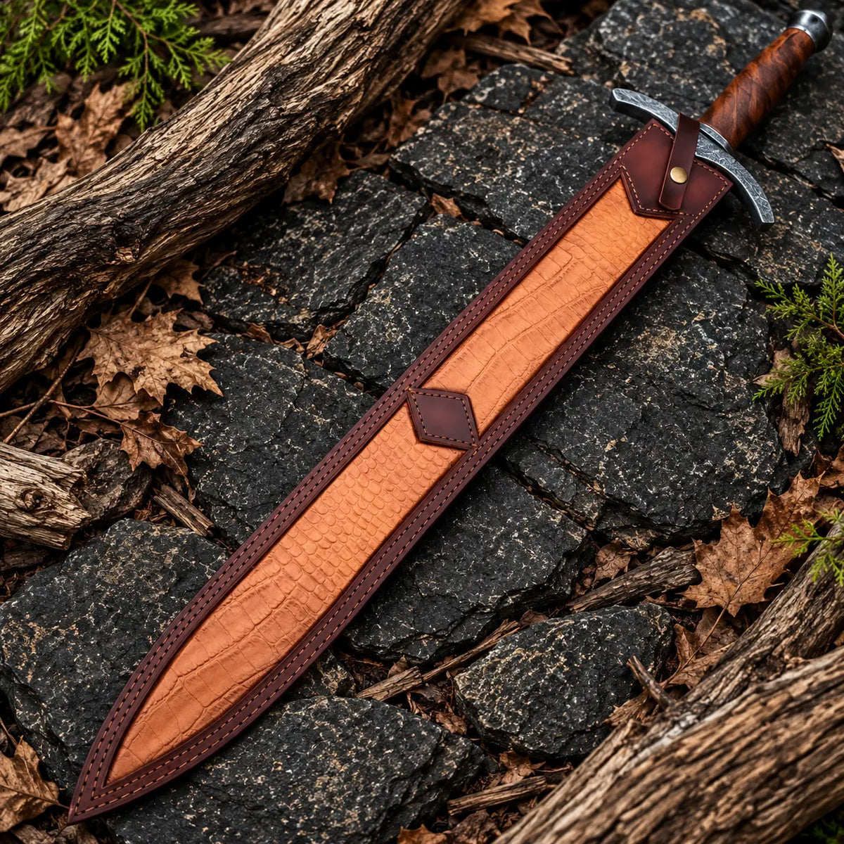 Damascus crossguard, round pommel and wooden handle detail on Damascus sword