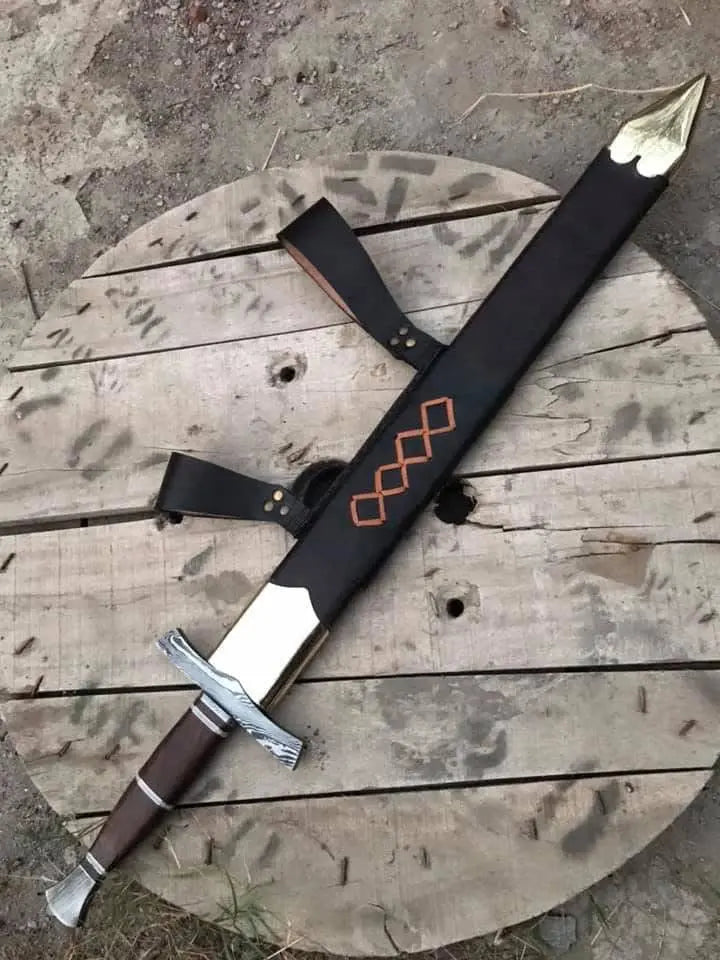 Damascus Viking sword with leather sheath and baldric strap