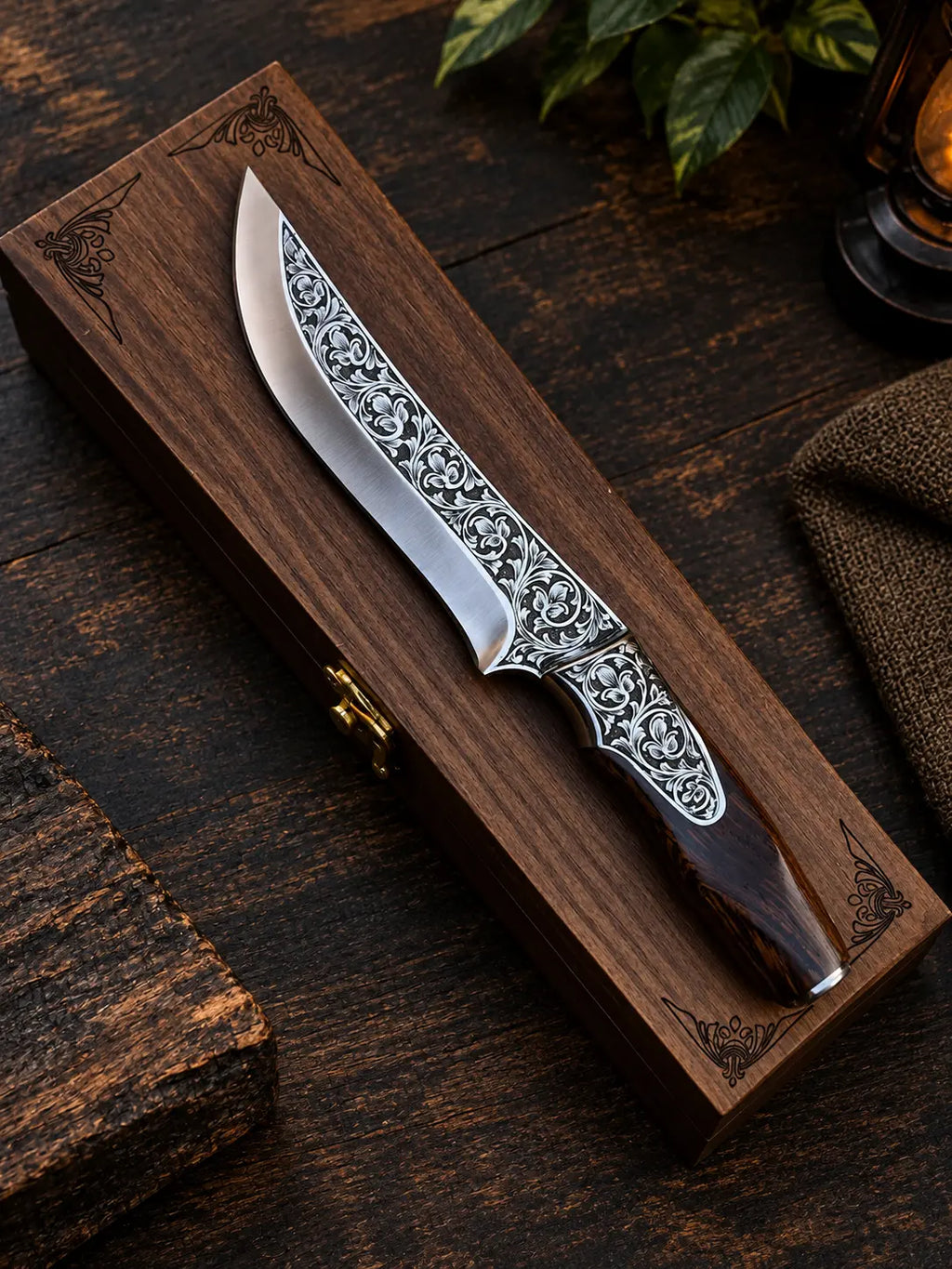 Ornate  Hunting Knife – Engraved Blade, Luxury Gift Box Lycan Handmade Style