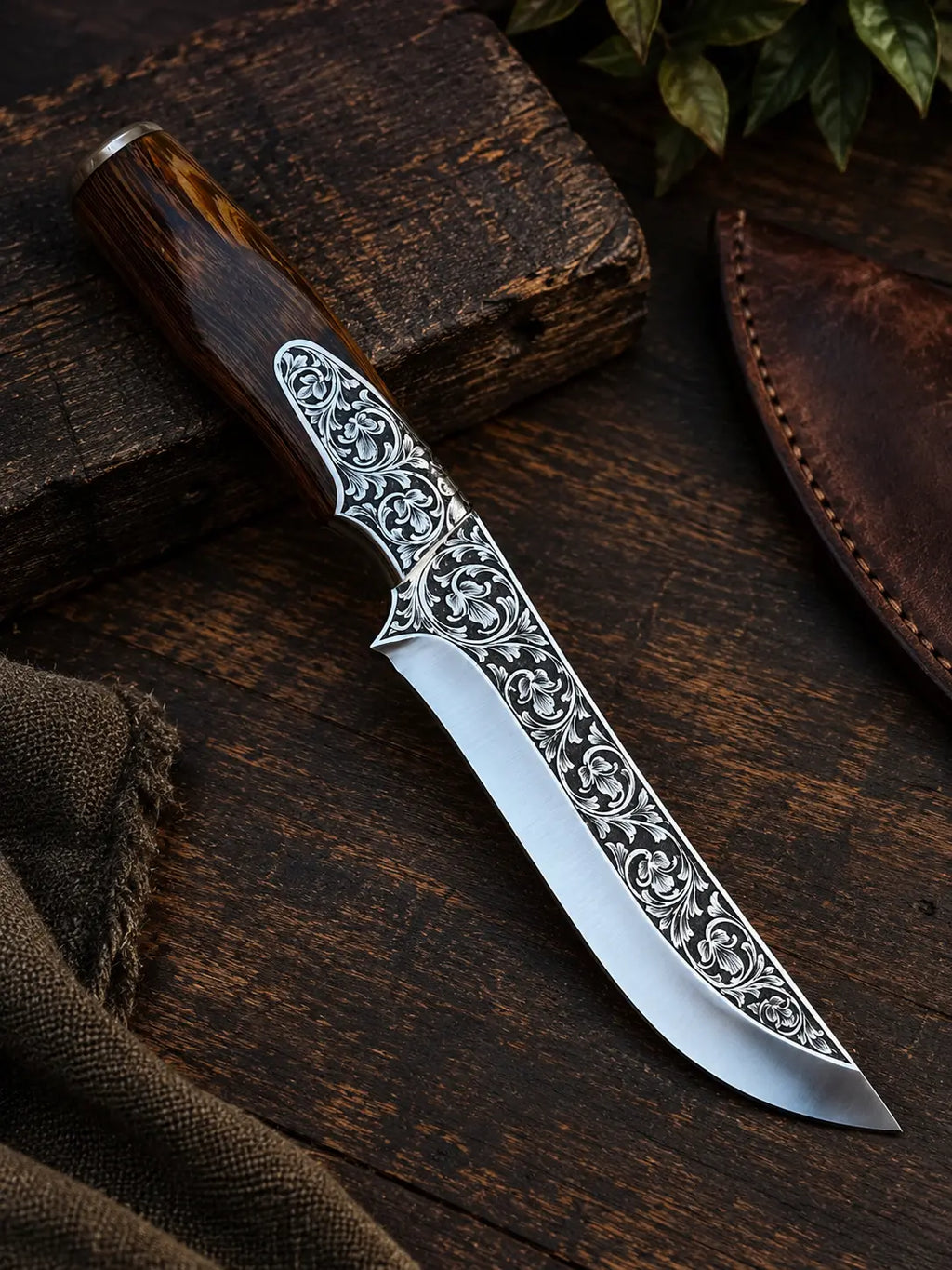 Ornate  Hunting Knife – Engraved Blade, Luxury Gift Box Lycan Handmade Style