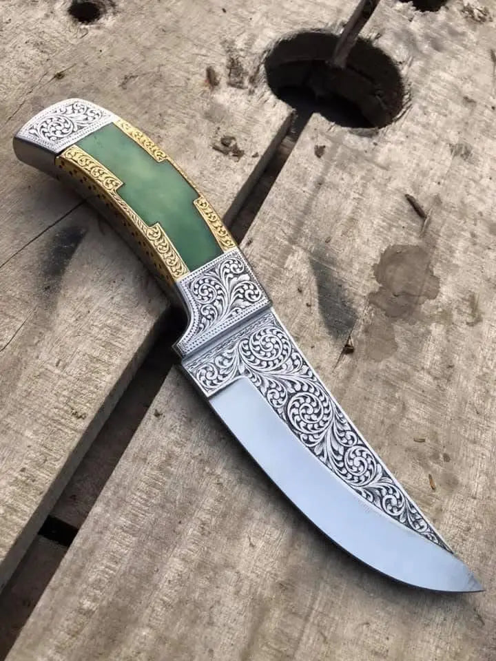 Hand engraved dagger knife with green stone and gold brass handle - full view