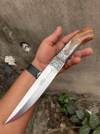 Handmade hand engraved fixed blade knife with wood handle and silver bolster - full view