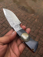 Handmade hand engraved full tang skinner knife with brass medallion handle - full view