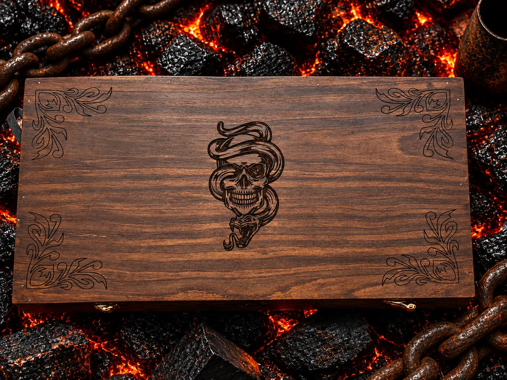 Hand engraved skull and snake tomahawk axe with wooden gift box - angle 3