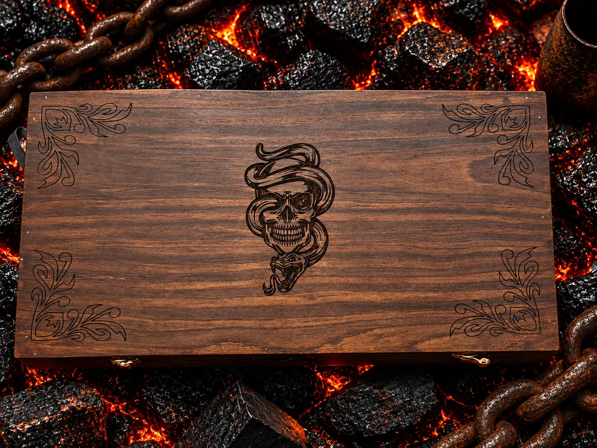 Hand engraved skull and snake tomahawk axe with wooden gift box - angle 3