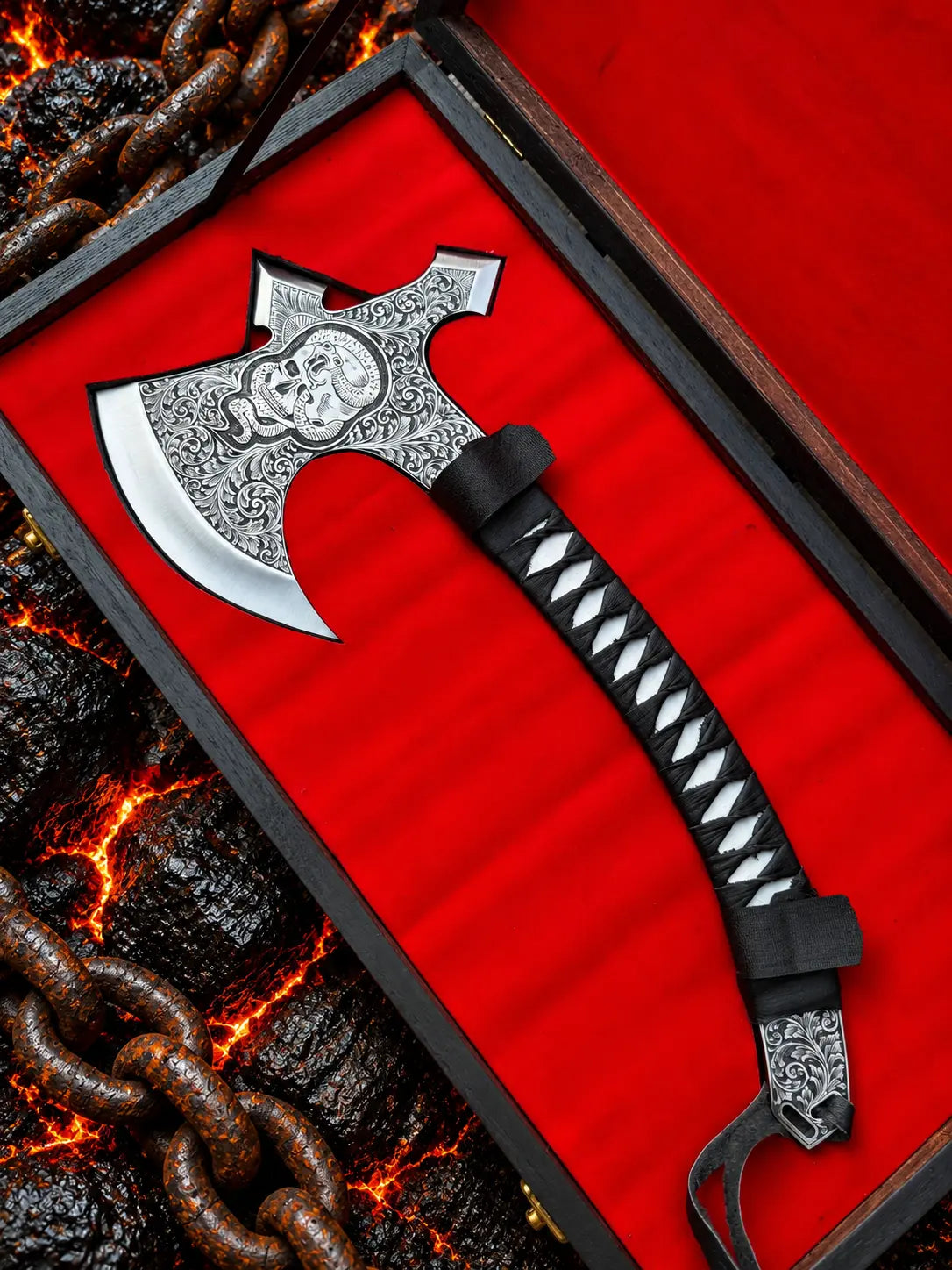 Hand engraved skull and snake tomahawk axe with wooden gift box - angle 4