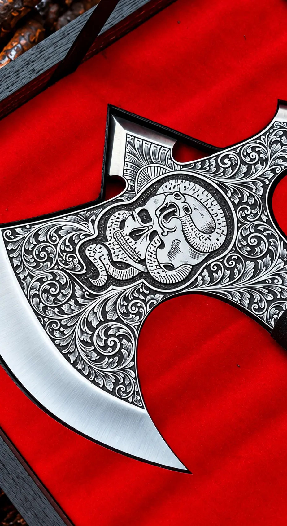 Hand engraved skull and snake tomahawk axe with wooden gift box - angle 6