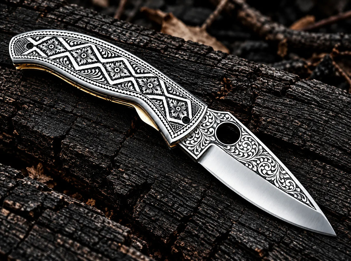 Hand-engraved floral scrollwork blade close-up on folding knife