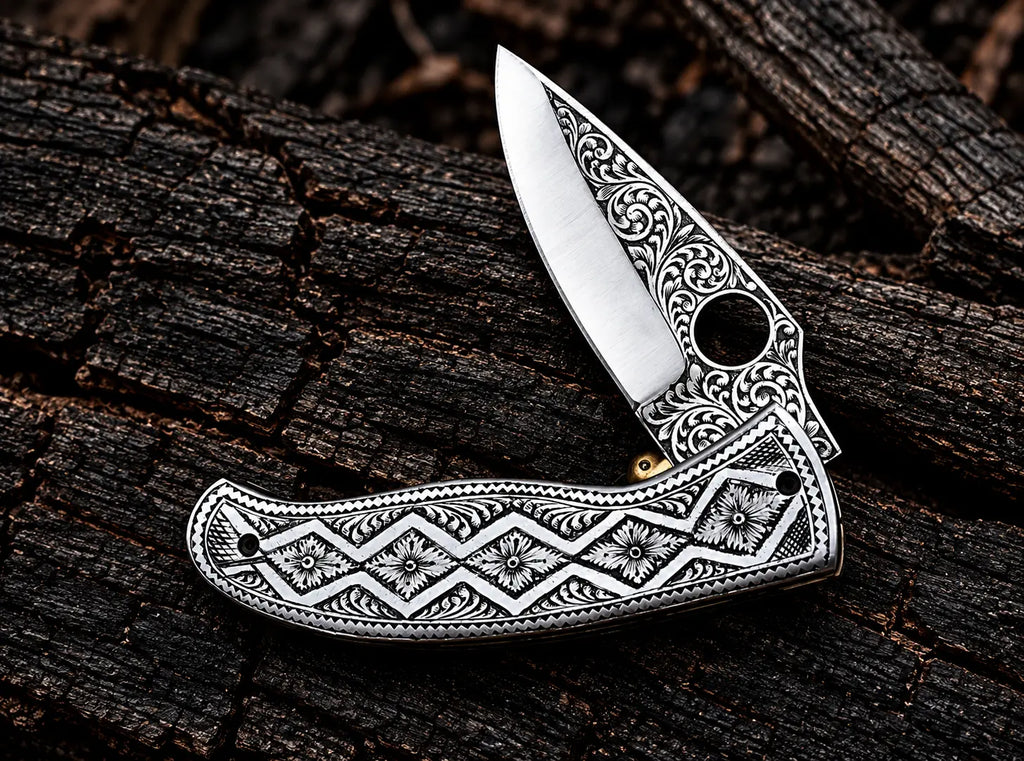 Geometric diamond and rosette engraved handle detail on steel folding knife