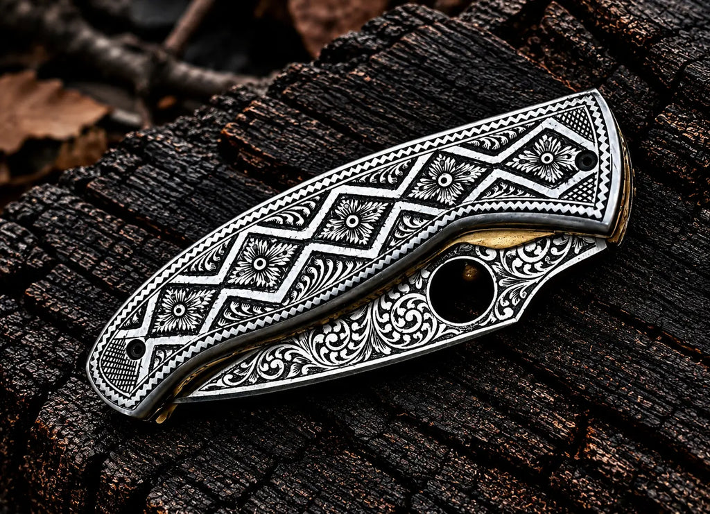 Hand engraved folding knife open and closed side by side