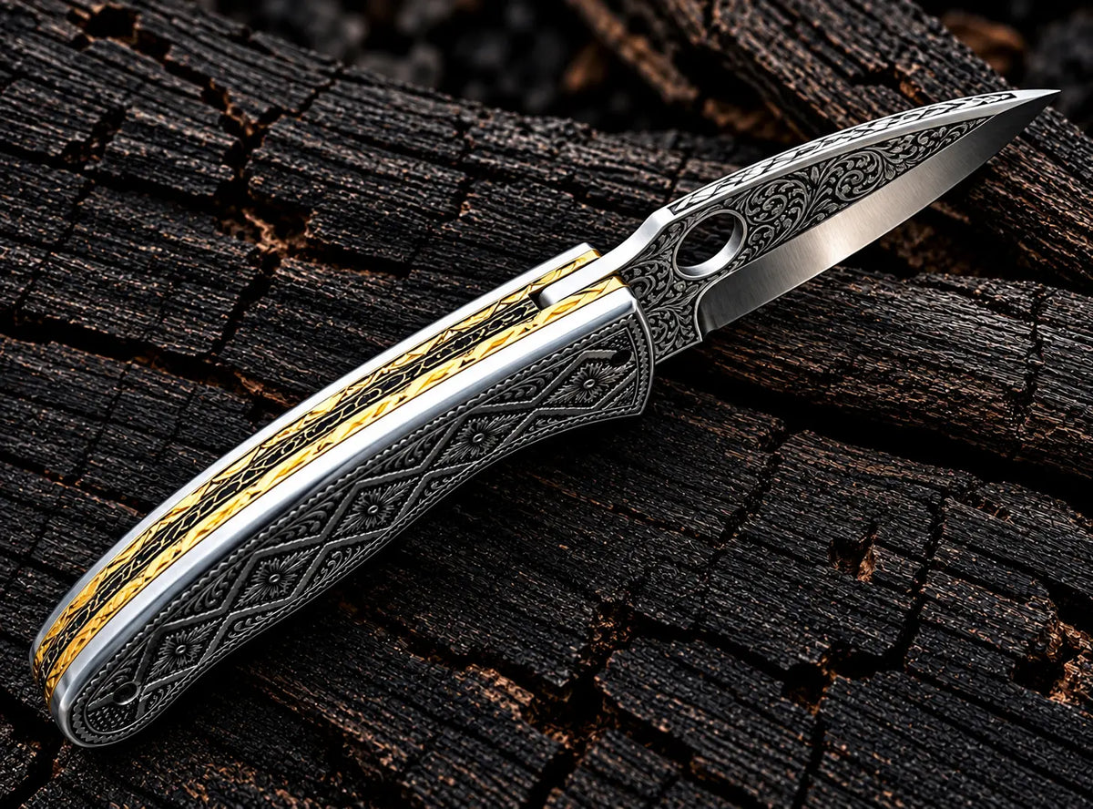 Hand engraved steel folding knife closed - side view