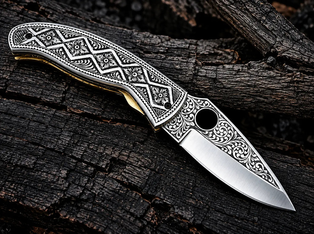Engraved folding knife with genuine leather sheath