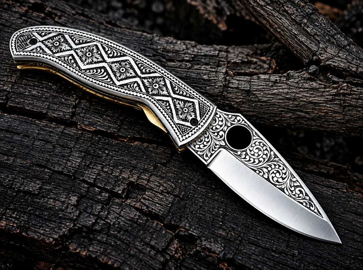 Engraved folding knife with genuine leather sheath